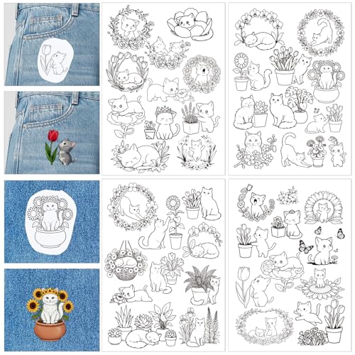 Water Soluble Embroidery Patterns Stabilizers, 4 Sheets Cat Floral Stick and Stitch Embroidery Papers Wash Away, Pre-Printed Cute Animal Transfer Paper Customized Gift for Hand Sewing Lovers Beginners - size: Cat flower