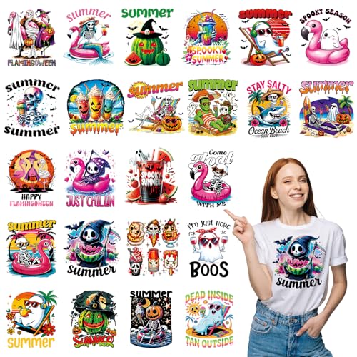 24Pcs Summer Halloween DTF Transfers Ready to Press, Spooky Summer Ghost Skeleton Pumpkin Heat Transfer Designs for T Shirts, Tote Bags, Pillows, DIY Clothing and Craft Projects - color: Summer Halloween