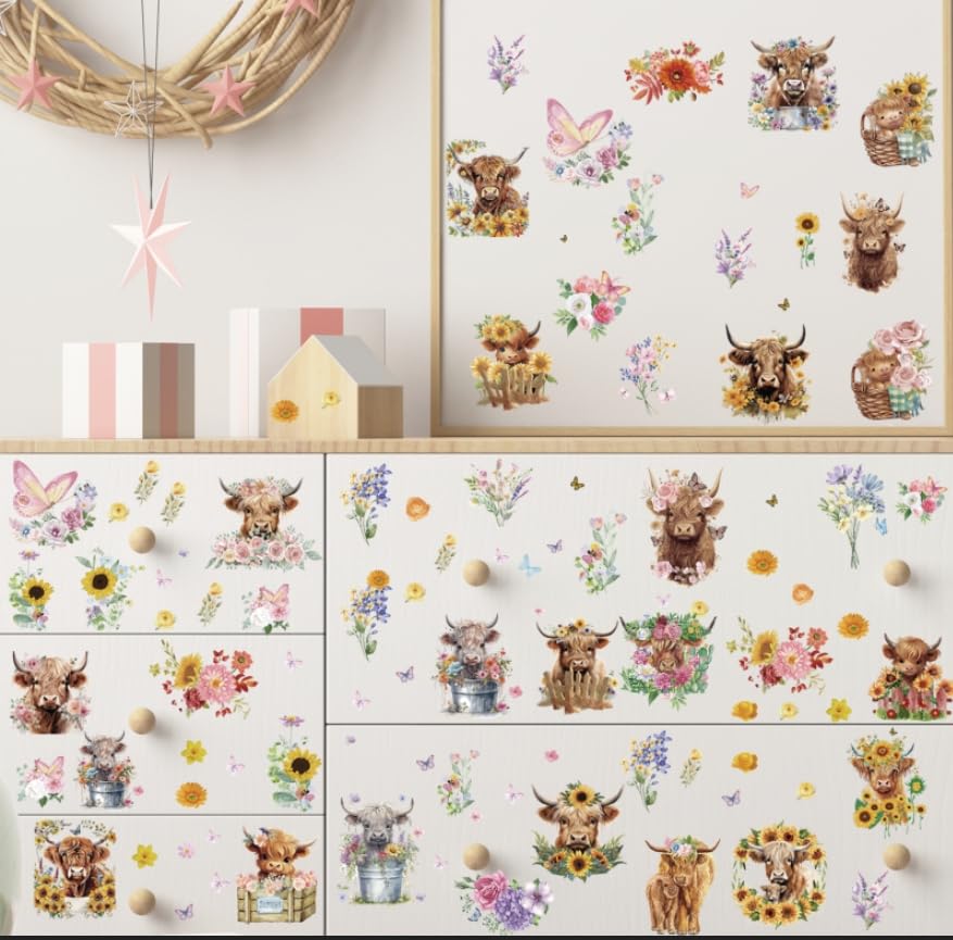 Wxiben 12 Pcs Highland Cow Floral Rub on Transfers for Crafts and Furniture - style: Highland Cow