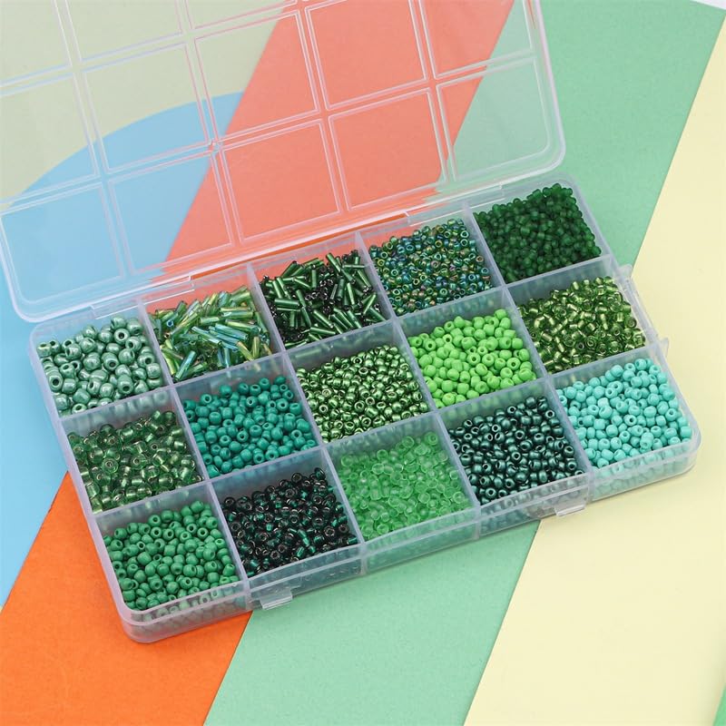 15 Grid Green Glass Seed Bugle Tube Beads Kit for Jewelry Making DIY Craft - color: Green, size: 15 Grid