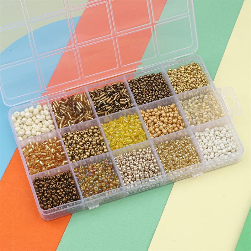 15 Grid Gold Glass Seed Bugle & Tube Beads Kit for Jewelry Making DIY Craft - color: Gold, size: 15 Grid