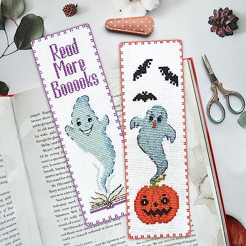 Povitrulya Counted Cross Stitch Bookmark Kit 'Pumpkin Ghost' - DIY Embroidery Set for Adults - color: Ghost