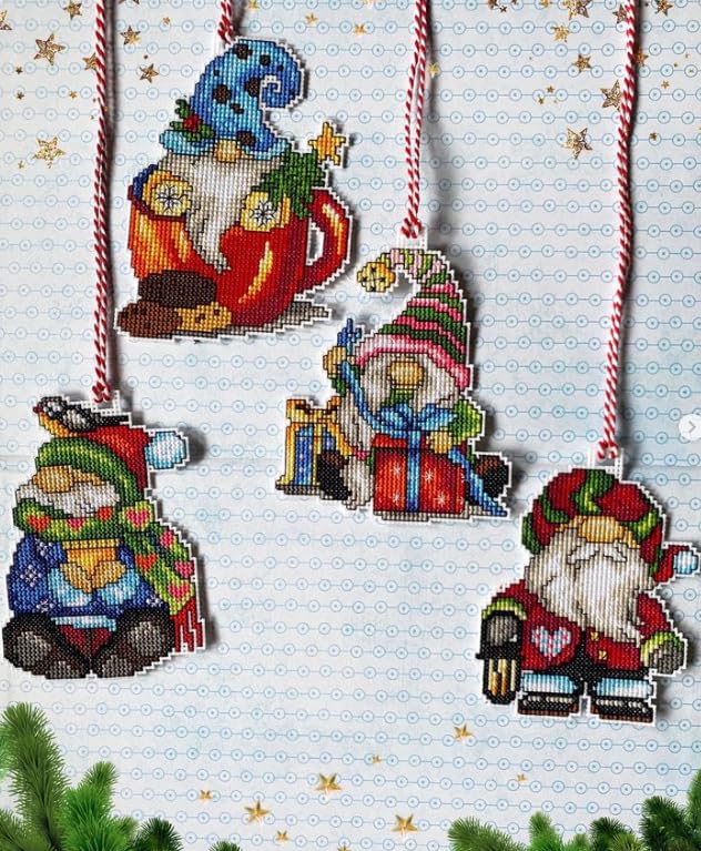 Counted Cross-Stitch Kit on Plastic Canvas with Christmas Gnomes. 4 Christmas Ornaments Same Dimensions 138CS. 14 Count Plastic Canvas Sheets 8.27x11.02 Inches. Perfect for Art & Needlework Amateurs - color: Gnomes