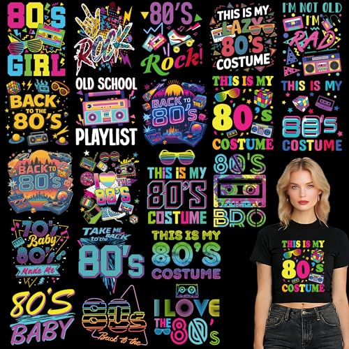 Dazoratix DTF Transfers Ready to Press - 20 Sheets Back to 80s Iron on Patches for Women T Shirts Retro Neon Vintage 90s Disco Heat Stickers Vinyl Decals for Clothes Costume Party DIY Craft Decoration - style: Back to 80s