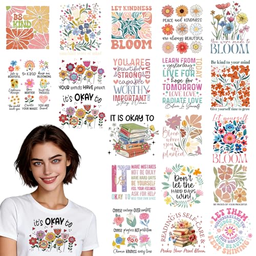 Dazoratix DTF Transfers Ready to Press - 20 Sheets Floral Inspirational Iron on Patches Flowers Kindness Positive Heat Stickers Vinyl Decals for T Shirts Clothes Bag Hat Pillow DIY Crafts Decorations - style: Floral Inspirational