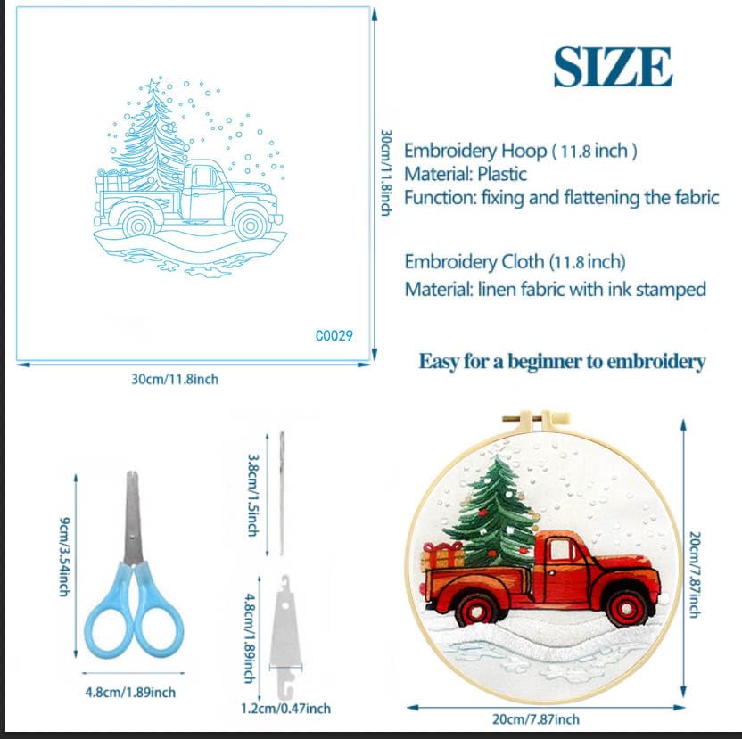 Zhenqing Christmas Red Truck Embroidery Kit for Beginners, Tree and Gifts Needlework Kit with Pre-Printed Fabric, Hoop, Threads & Tools (C0029) - style: Vintage Red Truck