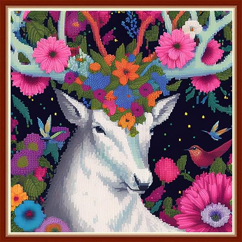 Dimensean Stamped Cross Stitch Kits Full Range of Embroidery Patterns Starter Kits for Beginners Adult DIY Cross Stitches Needlepoint Kits 11CT-Elk Flower 17.7x17.7 inch - color: Pattern Style 14