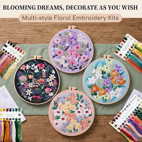 Harimau Adult Beginner Embroidery Starter Kit, Complete Set with 4 Patterns, 2 Hoops, Needles, Scissors, Instruction Guide & Stitching Video Tutorials - color: Floral1 pattern