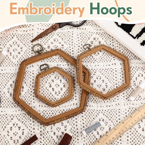 BrightRow 6 Pcs Large Embroidery Hoop Set Decorative Imitated Wood Display Frame Cross Stitch Hoop Ring for Art Craft DIY Sewing and Hanging Ornaments Decor(Hexagon,10.5+15.5+21 cm) - size: 10.5+15.5+21 cm, style: Hexagon