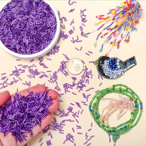 4200pcs Glass Bugle Beads, Mini Long Tube Seed Beads Bulk, Tiny Small Loose Spacer Embroidery Beaded for Bracelets Jewelry Making Sewing, Crafts, Christmas Ornaments, 2×6mm, Deep Purple - color: Deep purple