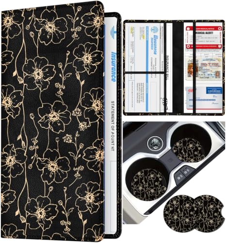 Slohif Car Registration and Insurance Holder with 2 Car Coasters, Elegant - color: Black Floral