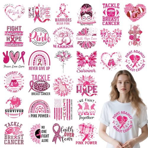 30 Pcs Breast Cancer Awareness Dtf Transfers Ready to Press - color: Breast Cancer Awareness