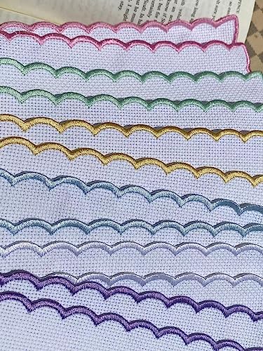 12 pcs Colored Scallop Embroidery Edged Blank Cross Stitch Bookmark for DIY,aida Fabric Edged Cross Stitch Book Mark Blank to Cross Stitch