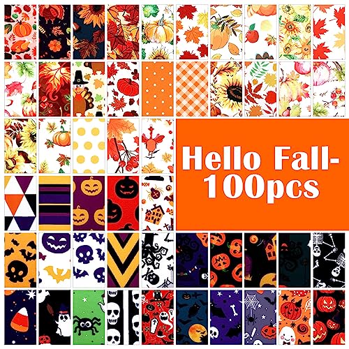 Irenare 100 Pcs 8 x 8 Inch Fall Fabric Squares Bundles Thanksgiving Fat Quarters Cotton Halloween Fabric by the Yard Cotton Quilting Maple Pumpkin Ghost Printed Sewing Patchwork for DIY Crafts - style: Skull