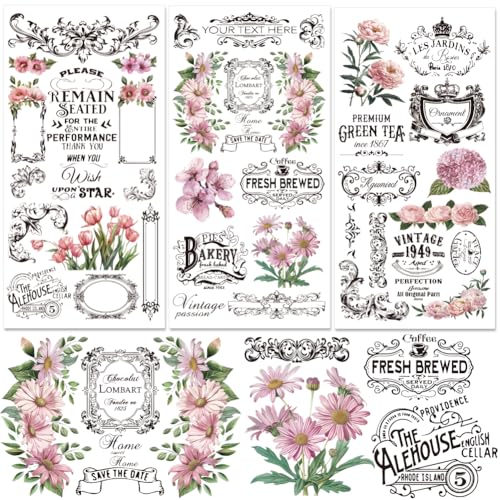 Vintage Floral Rub on Transfer for Crafts 3 Sheets Retro Flower Text Furniture Rub on Transfers Stickers Decal for Wood Wall Window Home Office DIY Art Craft Decor 11.8 x 5.9 Inch - style: Style 4- Retro French
