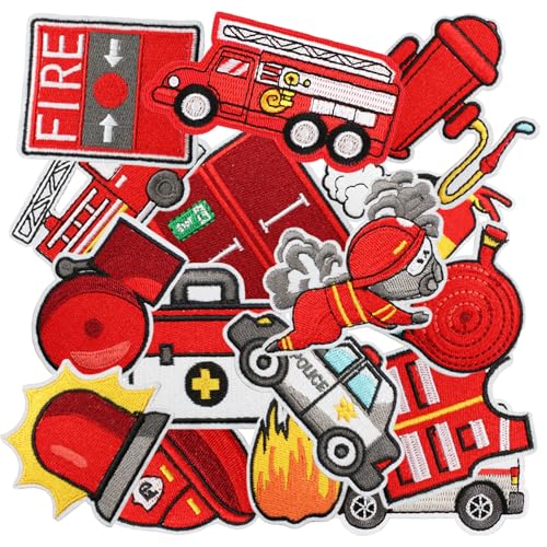 16pcs Firefighter Iron/Sew on Patches, Fireman Firetruck Extinguisher Hydrant Embroidered Applique, DIY Decoration for Clothes, Hat, Bag, Jeans, Dress, Shirt - color: 16pcs Firefighter