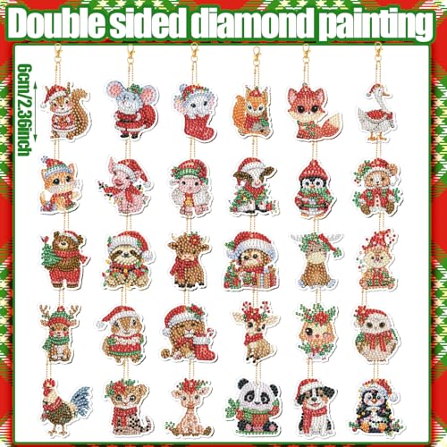 WILLBOND 30 Pcs Christmas Animals Diamond Art Keychain Ornaments Kits - color: Christmas Animal