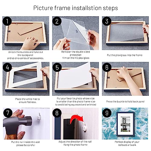 9x12 Solid Wood Picture Frames - Display 6x8 or 5x7, 9x12 Frame, Poster Photo Frame Art with 2 Mats for Wall or Table Mounting (Jazz Blue) - color: Jazz Blue, size: 9x12 inch