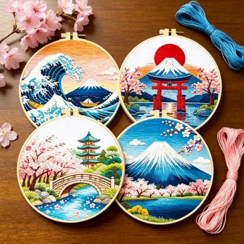 BEUNITONE 4 Pcs Embroidery Kit for Beginner, Ukiyo-e Style Landscape Wave Pattern Embroidery Materials, Cross Stitch Set with Cloth, Thread, Needle and Hoop Tools for Friendship Gift and Home Decor - style: C-Ukiyo Scenery