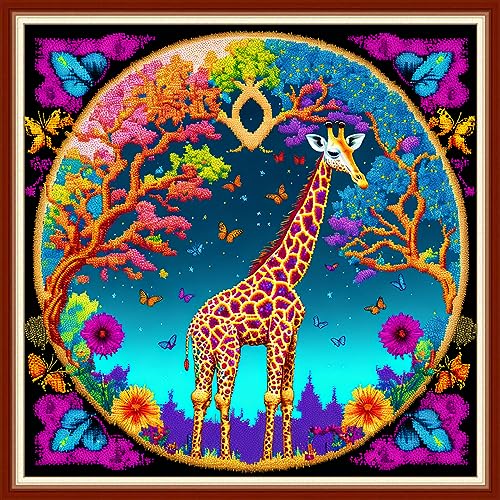 Dimensean Stamped Cross Stitch Kits Full Range of Embroidery Patterns Starter Kits for Beginners Adult DIY Cross Stitches Needlepoint Kits 11CT-Giraffe Flower 17.7x17.7 inch - color: Pattern Style 21