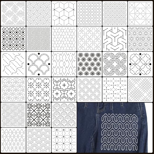 30 Pcs Reusable Plastic Sashiko Stencil, 4.7 x 4.7 Inch Geometric Sashiko Pattern Template for Drawing Line, Quilting, Embroidery, Sewing, Hand Quilting