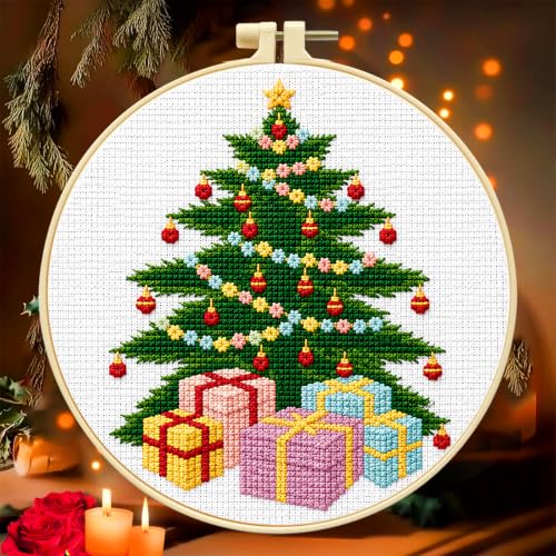 Zhenqing Christmas Tree & Bells Cross Stitch Kit with Hoop - 11CT Pre-Printed 24x24cm Fabric & Complete Tools for Beginners (68321) - style: Christmas Tree & Bells