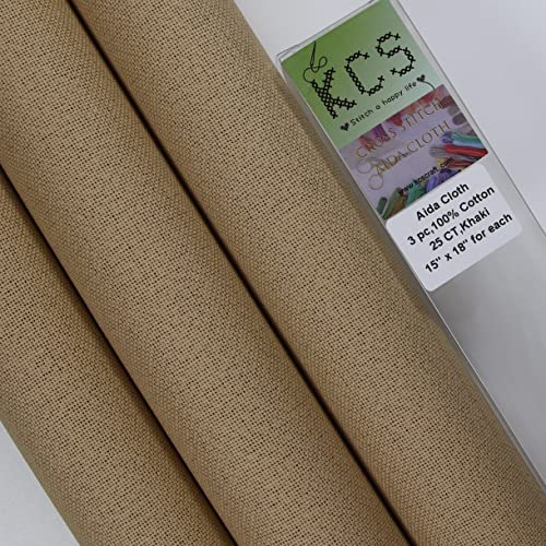 KCS 3 pc of 15" x 18" Counted Cross Stitch Cotton Aida Cloth Needlework Fabric,25CT,Khaki - color: Khaki, size: 25CT