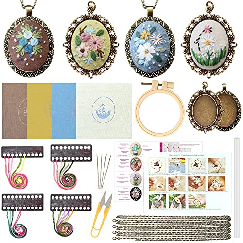 ZOCONE 4 Packs Embroidery Necklace Kits, Embroidery Pendant Kit Mini Cross Stitch Kit with 4 Hoops, Necklace, Pendant, Stamped Pattern Cloth, Instructions, etc., Embroidery Kits for Adults - color: 4 Packs-A