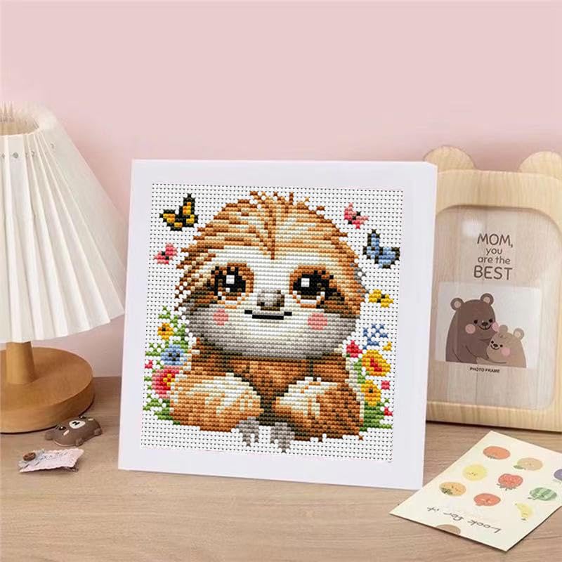 VIGEGU Sloth Stamped Cross Stitch Kits for Adult Beginner with Frame - color: Sloth Cross Stitch with Framed