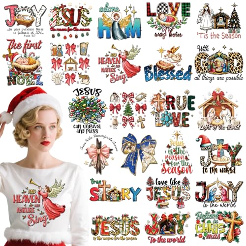 Dazoratix Christmas Christian Iron on Transfers - 24 Sheets Jesus Nativity DTF Ready to Press Heat Patches Bible Religious Faith Xmas Stickers Vinyl Decals for T Shirts Clothes Hoodie Pillow DIY Craft - style: Christmas Christian