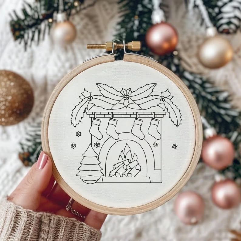 Christmas Embroidery Kit DIY Hand Embroidery Starter Cross Stitch Kits, Christmas Ornaments Embroidery with Stamped Pattern,Cotton,Threads,Needles,Instructions for Adults Beginners (Fireplace 2) - color: Fireplace 2