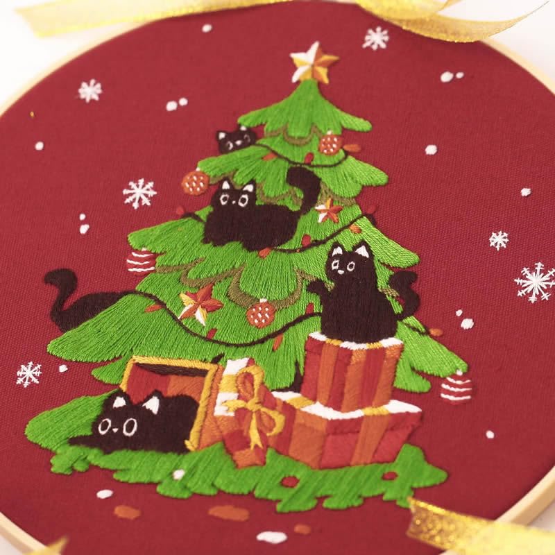 artcici Embroidery Kits Christmas Tree Black Cat Patterns for Beginners Adults, Full Range Embroidery Starter Kits Cross Stitch Needlework Supplies (Black Cat) - color: Black Cat