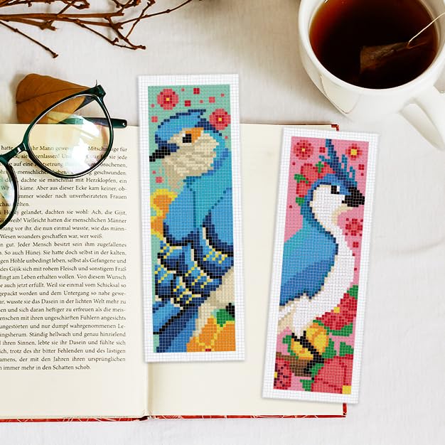 INFUNLY 6PCS Blue Bird Cross Stitch Bookmark Kit for Adult 3×8.5inch Parrot Stamped Embroidery Bookmark Kits with Flower Birds Needlepoint Bookmark Kit with Instruction for Book Lovers Readers - style: Blue Parrot