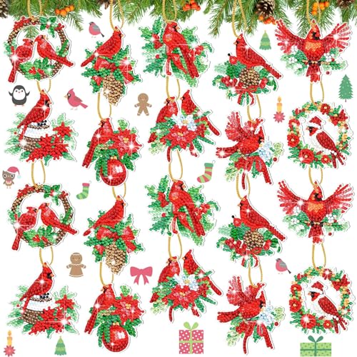 Skylety 20 Pcs Winter Diamond Art Ornaments Cardinal Bird Diamond Painting Kit for Adult 5d DIY Gifts Wrap Tags with Rope Winter Hanging Ornaments for Party Craft Home Decor