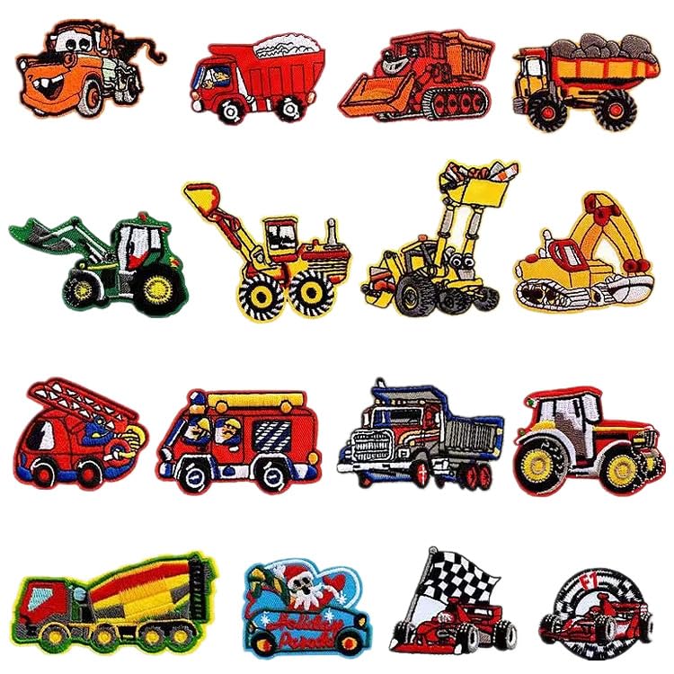 16pcs Truck Car Iron/Sew on Patches, Cute Cartoon Racing Embroidered Applique, Fashion Decoration for Clothes, Hat, Bag, Dress, Shirt, Jeans - color: 16pcs Truck Car