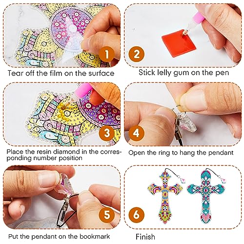 Ireer 6 Pcs Cross 5d Diamond Art Bookmarks for Adult，DIY Painting Kit - style: Vintage