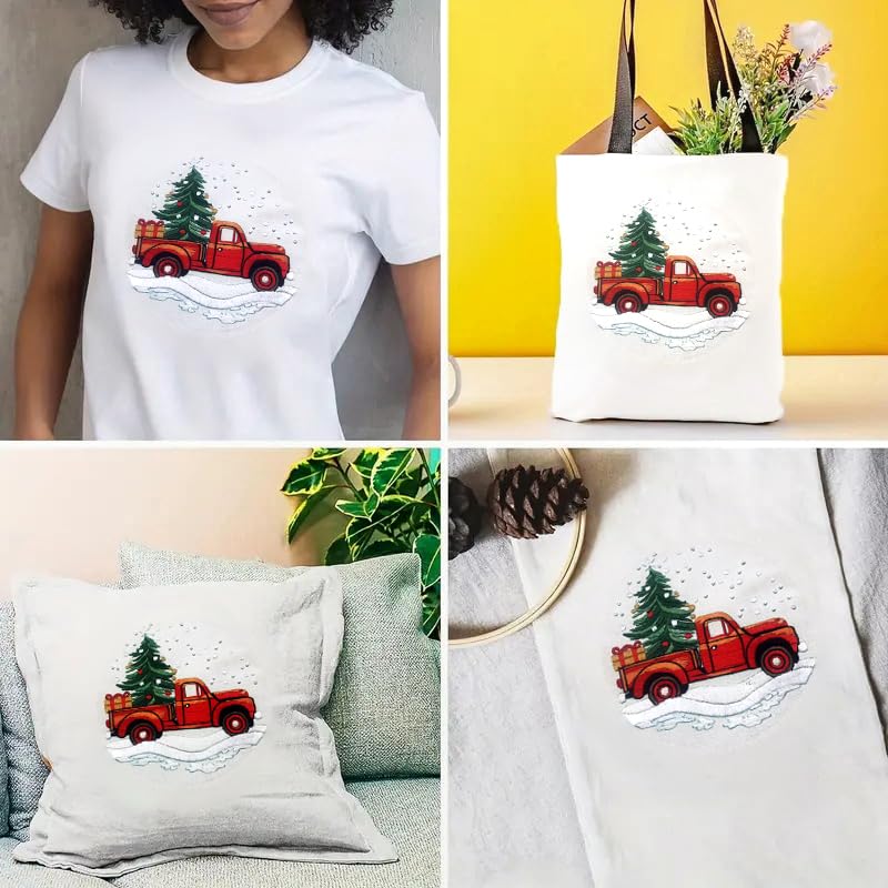 Zhenqing Christmas Red Truck Embroidery Kit for Beginners, Tree and Gifts Needlework Kit with Pre-Printed Fabric, Hoop, Threads & Tools (C0029) - style: Vintage Red Truck
