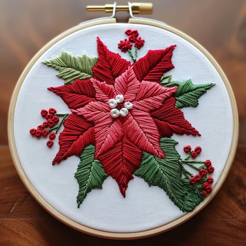 Christmas Embroidery Kit DIY Hand Embroidery Starter Cross Stitch Kits, Christmas Ornaments Embroidery with Stamped Pattern,Cotton,Threads,Needles,Instructions for Adults Beginners (Poinsettia) - color: Poinsettia
