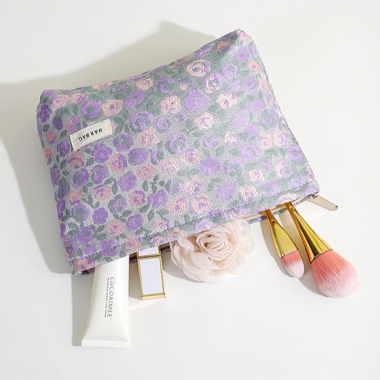 2 Pcs Embroidery Floral Makeup Bag Small Cosmetic Pouch Purse - color: Purple and Pink Flower