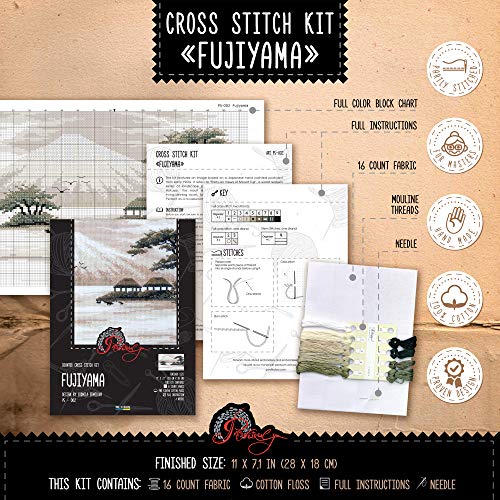 Povitrulya Hand Embroidery Kit for Adults 'Fujiyama' - 11" х7.1, 16-ct Aida Cloth - Counted Cross Stitch Set with Japanese Fuji Mountain Landscape Pattern, Housewarming Gift for Home Decor - size: Fujiyama - 11" х 7,1" (28 х 18 cm)