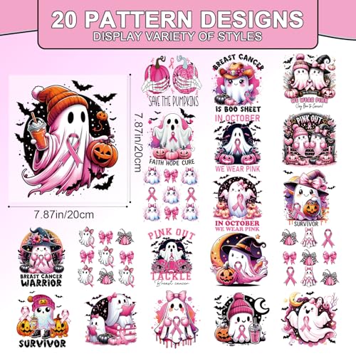 Dtf Transfers Ready to Press - 20 Pcs Breast Cancer Awareness Iron on Patches for T-shirts, Pink Ribbon Cute Ghost October Heat Transfer Design Vinyl Stickers, Iron on Decals for DIY Clothes - color: Breast Cancer Awareness