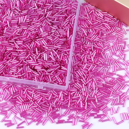4000 Pcs Fuchsia Glass Bugle Beads, 2 x 7 mm Embroidery Beads, Small Long Tube Seed Beads for Embroidery Craft Jewelry Making - color: Fuchsia