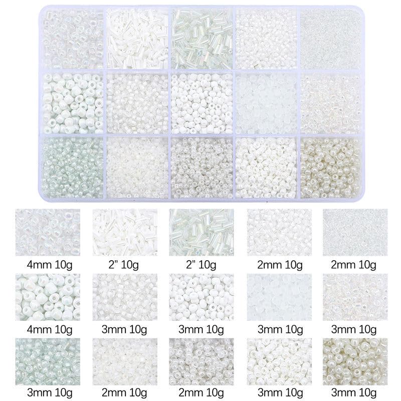 15 Grid White Glass Seed Bugle Tube Beads Kit for Jewelry Making DIY Craft - color: White, size: 15 Grid