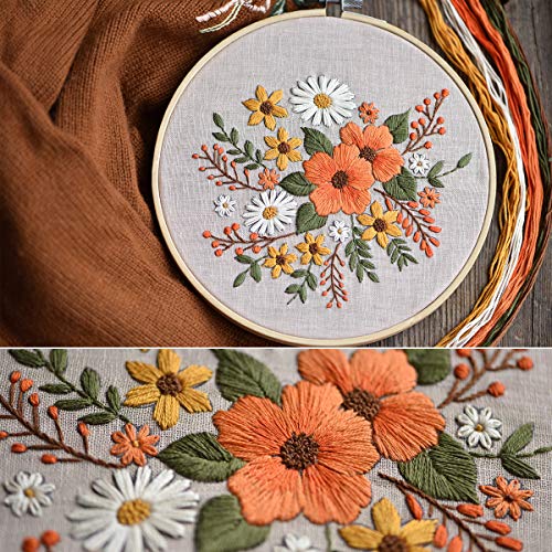 KISSBUTY Embroidery Kit with Pattern, Bamboo Hoop, Color Threads, Floral Pattern (Flowers), for Kid