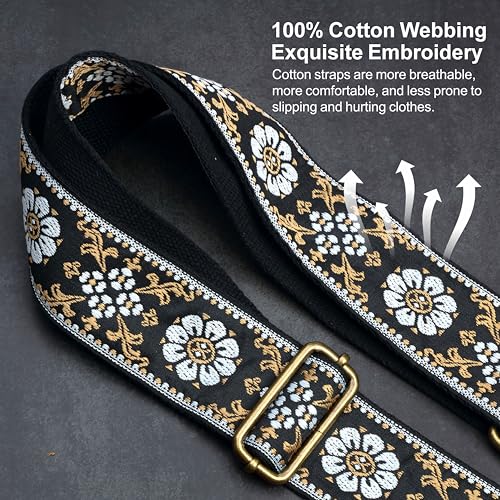Nefelibata Banjo Strap,2"Wide Double Crazy Horse Leather Jacquard Embroidery Strap Adjustable Replacement,Multi-pattern Strap With Metal Clips - color: A#-retro White Flower