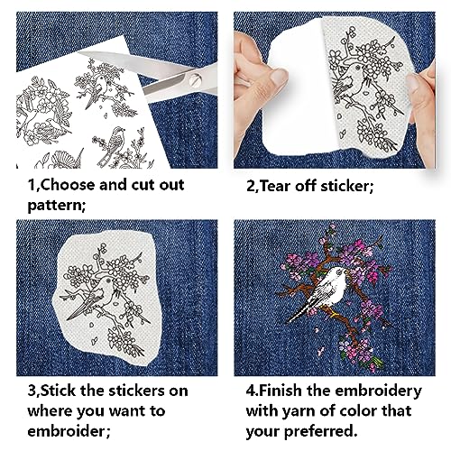BENECREAT 4Sheets 18Pcs Water Soluble Embroidery, 11.7x8.3inch Birds and Flowers Pattern Transfers Water Soluble Stabilizer for Embroidery Stick and Stitch Embroidery Designs - color: Birds and Flowers