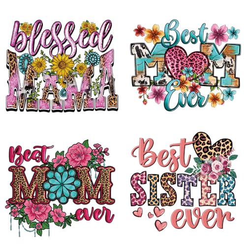 4 Packs Best Mom Iron on Transfer Patches, Mother’s Day Heat Transfer HTV Vinyl Decals Mama Theme DTF Transfer Ready to Press Waterproof Iron on Appliques for T-Shirt Fabric DIY Project Mom Gifts - color: Mother Day B