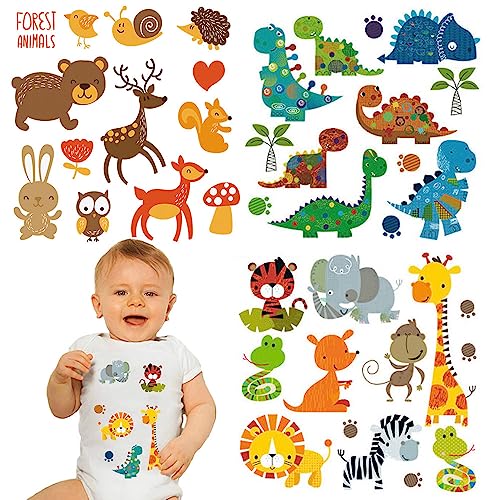 Baby Iron on Patches Cute Heat Transfer Stickers Lion Dinosaurs Giraffe Tiger Snake Cartoon Animal Appliques for Kids Boys Girls Clothes T-Shirt Swimsuit Jeans Washable DIY 3 Sheets - color: Dinosaur-1