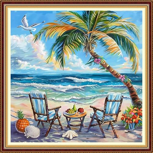 Fanxvivy Stamped Counted Cross Stitch Kits for Adults Printed Cross-Stitch Patterns 11CT Stamped or Counted Cross Stitching Embroidery Kit Needlepoint Kits-Afternoon Tea by the Sea 18x18 inch - color: Artkits01
