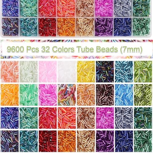 EuTengHao 9600Pcs Tube Beads Kit 7mm Glass Bugle Seed Beads for Jewelry Making Embroidery & Home Decoration (32 Vibrant Colors) - size: 7MM